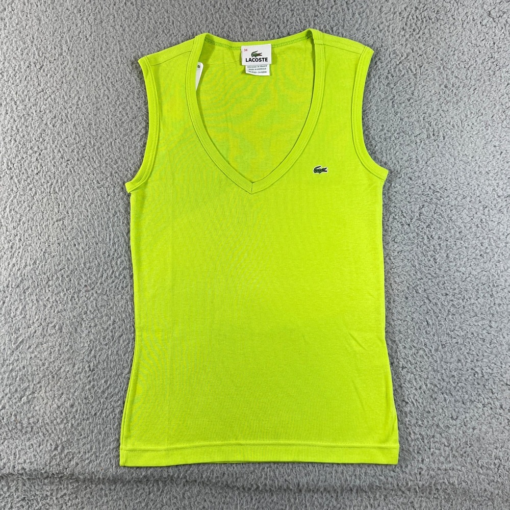 Lacoste Tank Top Women US Size S (EU/2) Lime Green V-Neck Cotton Logo Sleeveless